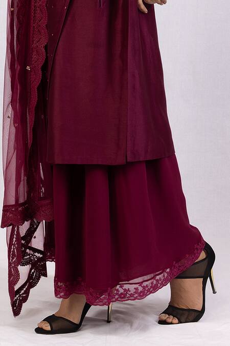 Monika Mathuria Datta_Wine Chanderi, Linen Sequins, Lace Round Overlap Embroidered Kurta And Palazzo Set _Online_at_Aza_Fashions