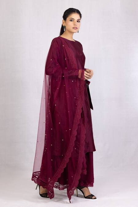 Buy_Monika Mathuria Datta_Wine Chanderi, Linen Sequins, Lace Round Overlap Embroidered Kurta And Palazzo Set _Online_at_Aza_Fashions