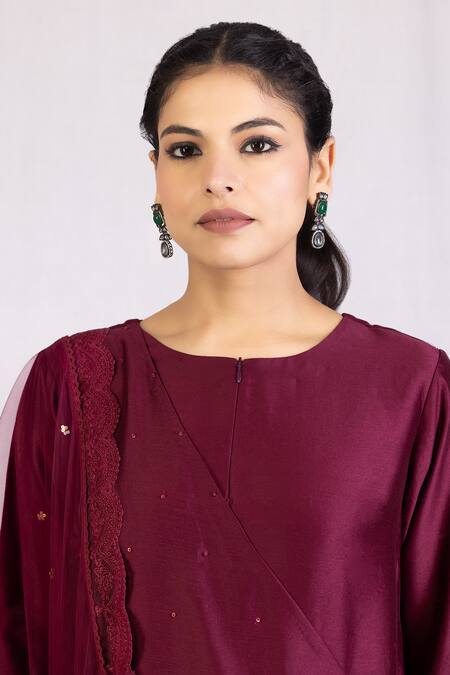 Shop_Monika Mathuria Datta_Wine Chanderi, Linen Sequins, Lace Round Overlap Embroidered Kurta And Palazzo Set _Online_at_Aza_Fashions