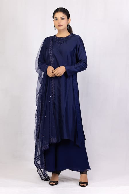 Monika Mathuria Datta Blue Chanderi Embroidered Sequin Round Overlap Kurta Palazzo Set 