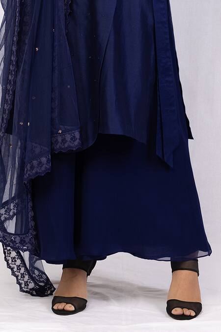 Monika Mathuria Datta_Blue Chanderi, Net, Linen, Georgette Overlap Embroidered Kurta Palazzo Set _Online_at_Aza_Fashions