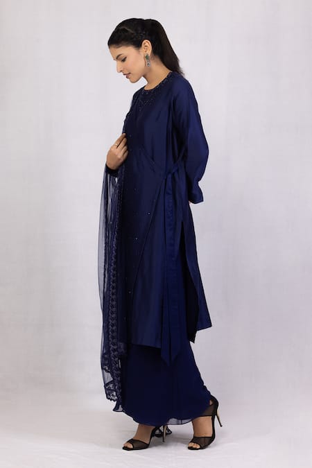 Buy_Monika Mathuria Datta_Blue Chanderi, Net, Linen, Georgette Overlap Embroidered Kurta Palazzo Set _Online_at_Aza_Fashions