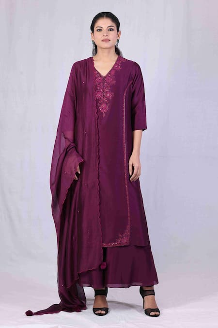 Shop Monika Mathuria Datta Purple Chanderi, Georgette, Net, Linen Sequins, Floral Kurta Palazzo Set Online at Aza Fashions Shop_Monika Mathuria Datta_Purple Chanderi, Georgette, Net, Linen Sequins, Floral Kurta Palazzo Set _Online_at_Aza_Fashions