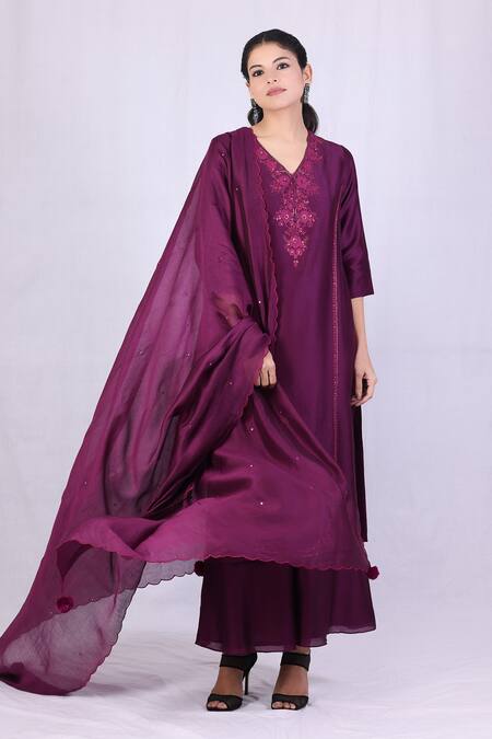 Monika Mathuria Datta Purple Chanderi, Georgette, Net, Linen Sequins, Floral Kurta Palazzo Set at Aza Fashions Monika Mathuria Datta_Purple Chanderi, Georgette, Net, Linen Sequins, Floral Kurta Palazzo Set _at_Aza_Fashions