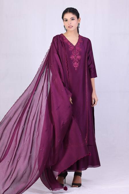 Buy Monika Mathuria Datta Purple Chanderi, Georgette, Net, Linen Sequins, Floral Kurta Palazzo Set Buy_Monika Mathuria Datta_Purple Chanderi, Georgette, Net, Linen Sequins, Floral Kurta Palazzo Set