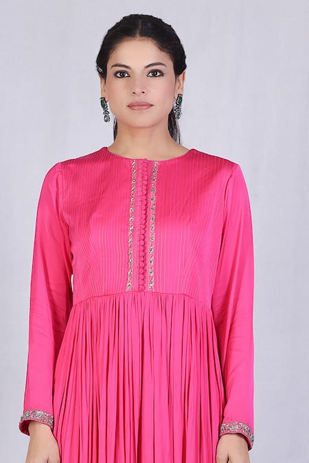 Monika Mathuria Datta_Pink Chanderi, Cotton, Linen Embroidery Round Neck Gathered Anarkali _Online_at_Aza_Fashions