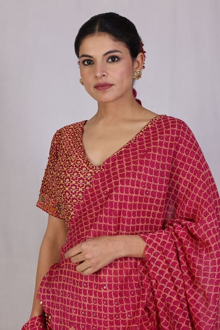 Monika Mathuria Datta_Pink Chanderi, Linen Embroidery, Tassels V-neck Discharge Print Lehenga Set _Online_at_Aza_Fashions