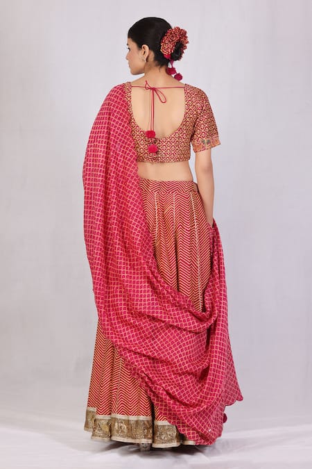 Buy_Monika Mathuria Datta_Pink Chanderi, Linen Embroidery, Tassels V-neck Discharge Print Lehenga Set _Online_at_Aza_Fashions