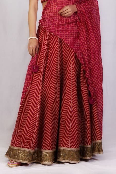 Shop_Monika Mathuria Datta_Pink Chanderi, Linen Embroidery, Tassels V-neck Discharge Print Lehenga Set _Online_at_Aza_Fashions