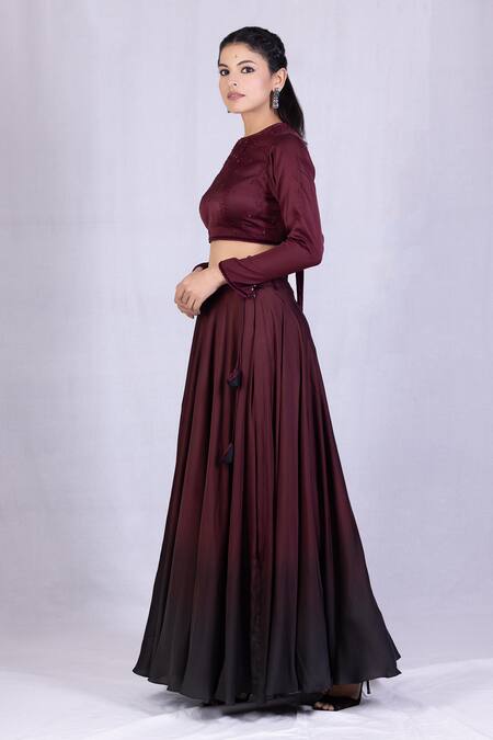 Buy Monika Mathuria Datta Wine Chanderi Embroidery Choker Neck Blouse And Skirt Set Online at Aza Fashions Buy_Monika Mathuria Datta_Wine Chanderi Embroidery Choker Neck Blouse And Skirt Set _Online_at_Aza_Fashions