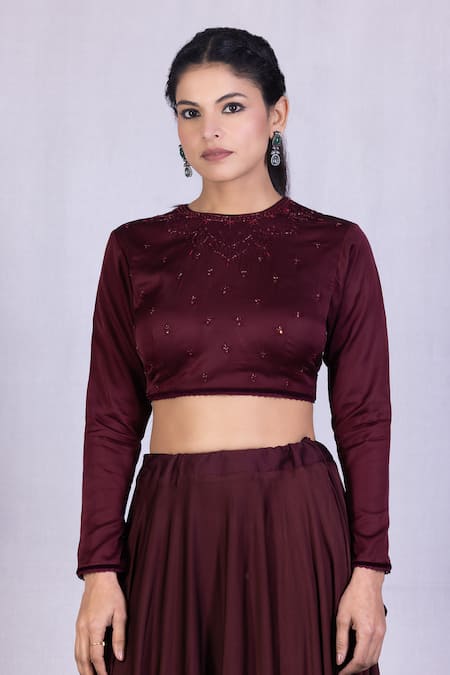 Shop Monika Mathuria Datta Wine Chanderi Embroidery Choker Neck Blouse And Skirt Set Online at Aza Fashions Shop_Monika Mathuria Datta_Wine Chanderi Embroidery Choker Neck Blouse And Skirt Set _Online_at_Aza_Fashions