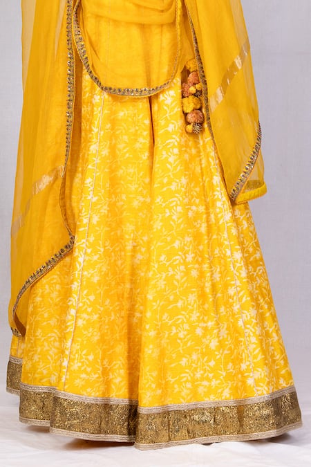 Monika Mathuria Datta_Yellow Silk, Net Gota Patti Keyhole Neck Embroidered Discharge Print Lehenga Set _Online_at_Aza_Fashions