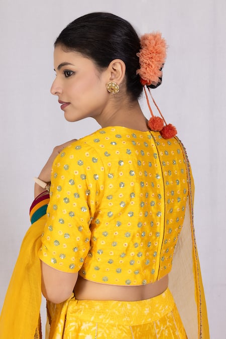 Shop_Monika Mathuria Datta_Yellow Silk, Net Gota Patti Keyhole Neck Embroidered Discharge Print Lehenga Set _Online_at_Aza_Fashions