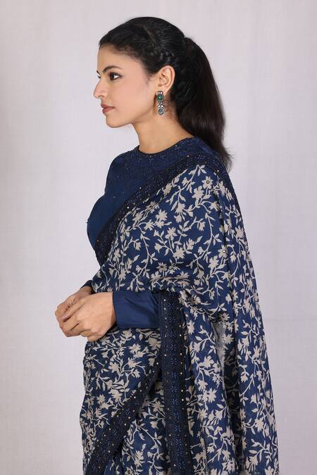 Monika Mathuria Datta_Blue Cotton, Chanderi Embroidery, Zoya Discharge Print Saree With Blouse _Online_at_Aza_Fashions