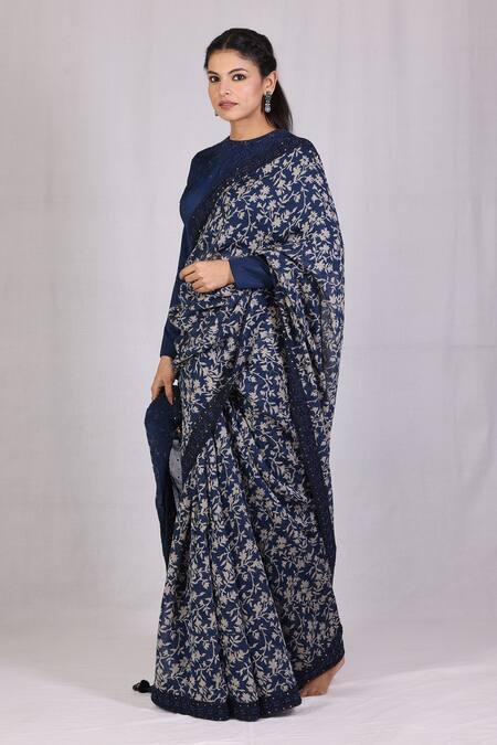 Buy_Monika Mathuria Datta_Blue Cotton, Chanderi Embroidery, Zoya Discharge Print Saree With Blouse _Online_at_Aza_Fashions