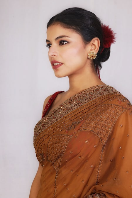 Monika Mathuria Datta_Yellow Georgette Beads, Embroidery Zoya Border Saree _Online_at_Aza_Fashions