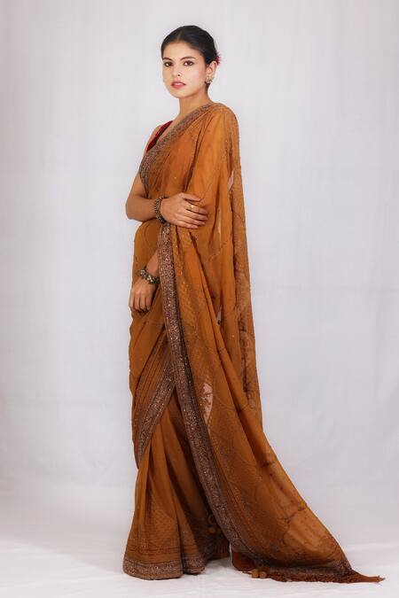 Shop_Monika Mathuria Datta_Yellow Georgette Beads, Embroidery Zoya Border Saree _Online_at_Aza_Fashions