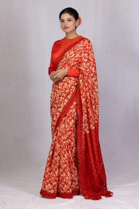 Buy_Monika Mathuria Datta_Orange Cotton, Chanderi, Modal Beads, Applique, Zoya Printed Saree With Blouse _Online_at_Aza_Fashions