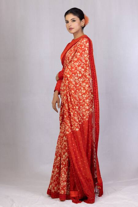 Shop_Monika Mathuria Datta_Orange Cotton, Chanderi, Modal Beads, Applique, Zoya Printed Saree With Blouse _Online_at_Aza_Fashions