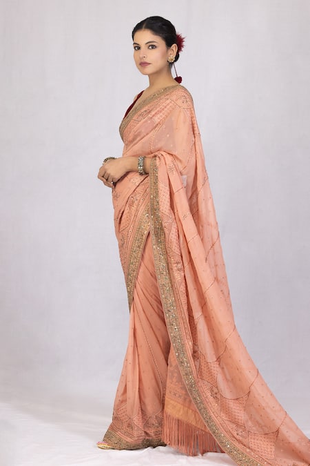 Shop_Monika Mathuria Datta_Peach Georgette, Linen Beads Zoya Embroidered Saree _Online_at_Aza_Fashions