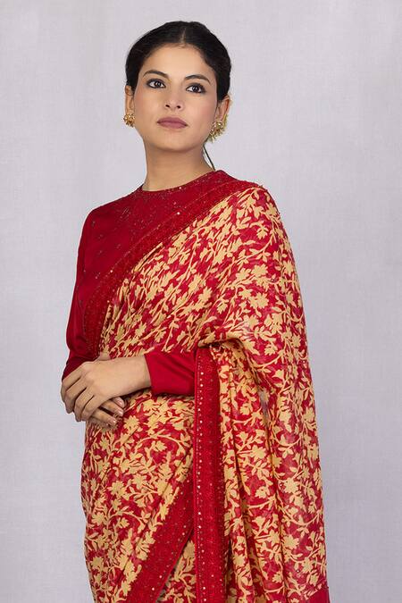 Monika Mathuria Datta_Red Cotton, Chanderi, Modal Beads, Embroidery Round Neck Zoya Saree With Blouse _Online_at_Aza_Fashions