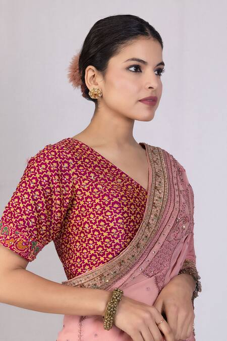 Monika Mathuria Datta_Rose Gold Georgette, Linen Embroidery Zoya Tasseled Pallu Saree _Online_at_Aza_Fashions