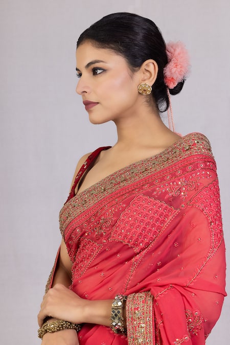Monika Mathuria Datta_Peach Georgette, Linen Beads, Embroidery Zoya Tasseled Pallu Saree _Online_at_Aza_Fashions