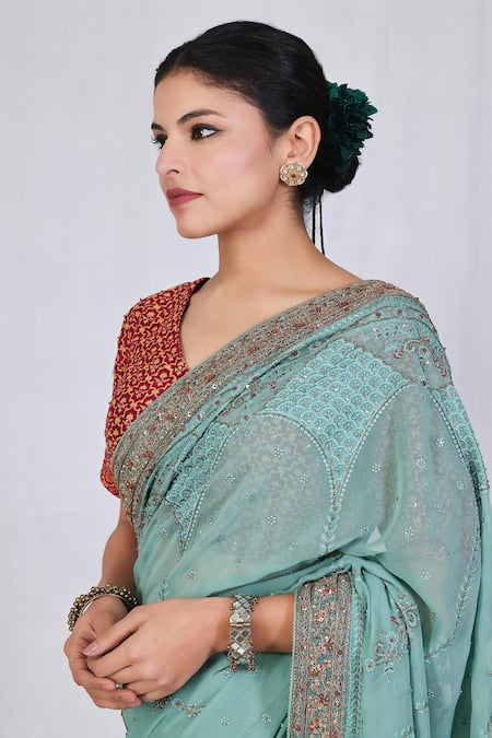 Monika Mathuria Datta Blue Georgette Beads Zoya Dori And Work Saree Online at Aza Fashions Monika Mathuria Datta_Blue Georgette Beads Zoya Dori And Work Saree _Online_at_Aza_Fashions