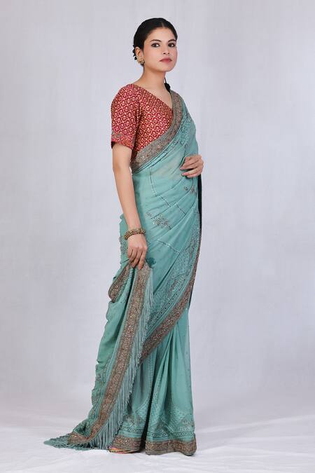 Buy Monika Mathuria Datta Blue Georgette Beads Zoya Dori And Work Saree Online at Aza Fashions Buy_Monika Mathuria Datta_Blue Georgette Beads Zoya Dori And Work Saree _Online_at_Aza_Fashions