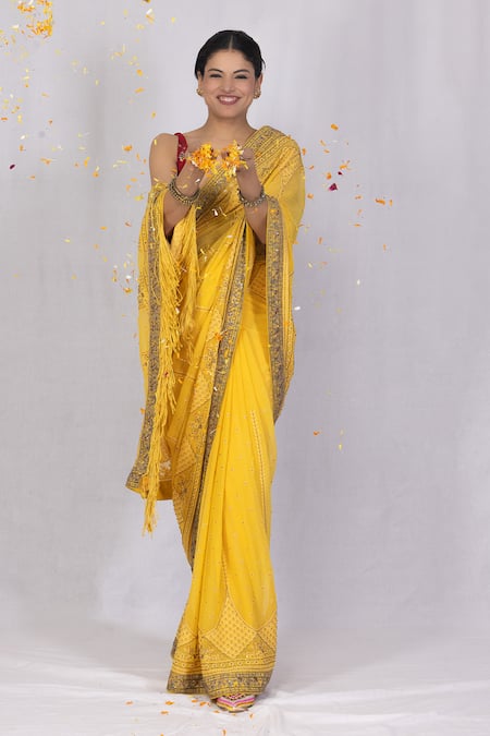 Monika Mathuria Datta Yellow Georgette Embroidered Resham Zoya Bead And Dori Work Saree 