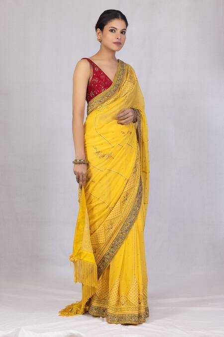 Monika Mathuria Datta Yellow Georgette Beads Zoya And Dori Work Saree Online at Aza Fashions Monika Mathuria Datta_Yellow Georgette Beads Zoya And Dori Work Saree _Online_at_Aza_Fashions