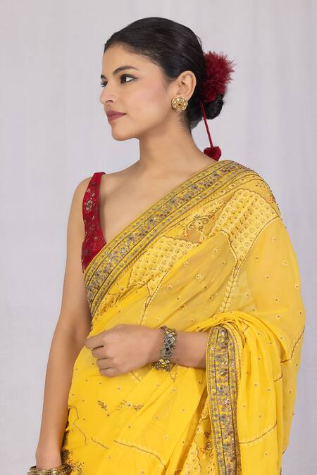 Buy Monika Mathuria Datta Yellow Georgette Beads Zoya And Dori Work Saree Online at Aza Fashions Buy_Monika Mathuria Datta_Yellow Georgette Beads Zoya And Dori Work Saree _Online_at_Aza_Fashions
