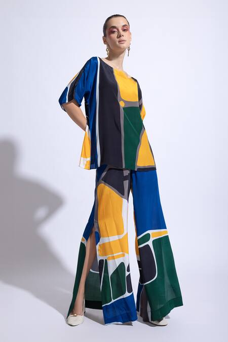 Nautanky_Multi Color Neoprene Boat Neck Nebula Abstract Print Top With Pant _Online_at_Aza_Fashions