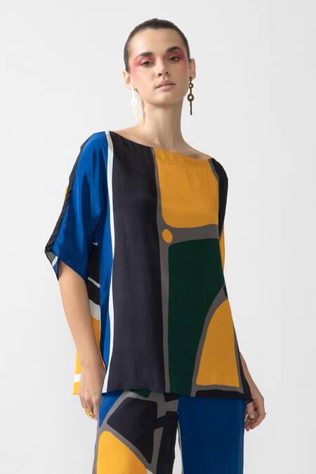 Shop_Nautanky_Multi Color Neoprene Boat Neck Nebula Abstract Print Top With Pant _Online_at_Aza_Fashions