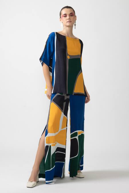 Nautanky_Multi Color Neoprene Boat Neck Nebula Abstract Print Top With Pant _at_Aza_Fashions