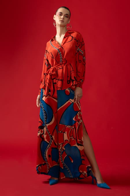 Nautanky_Red Neoprene Collared Atmosphere Abstract Print Shirt With Pant _Online_at_Aza_Fashions