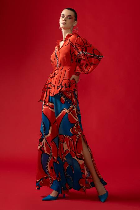 Buy_Nautanky_Red Neoprene Collared Atmosphere Abstract Print Shirt With Pant _Online_at_Aza_Fashions