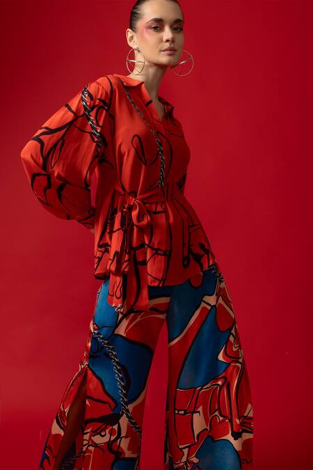 Shop_Nautanky_Red Neoprene Collared Atmosphere Abstract Print Shirt With Pant _Online_at_Aza_Fashions