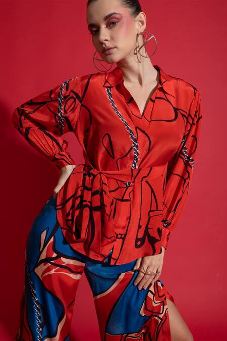 Nautanky_Red Neoprene Collared Atmosphere Abstract Print Shirt With Pant _at_Aza_Fashions