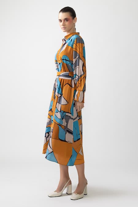 Nautanky_Yellow Chiffon, Neoprene Collared Illusion Optical Print Midi Dress _Online_at_Aza_Fashions