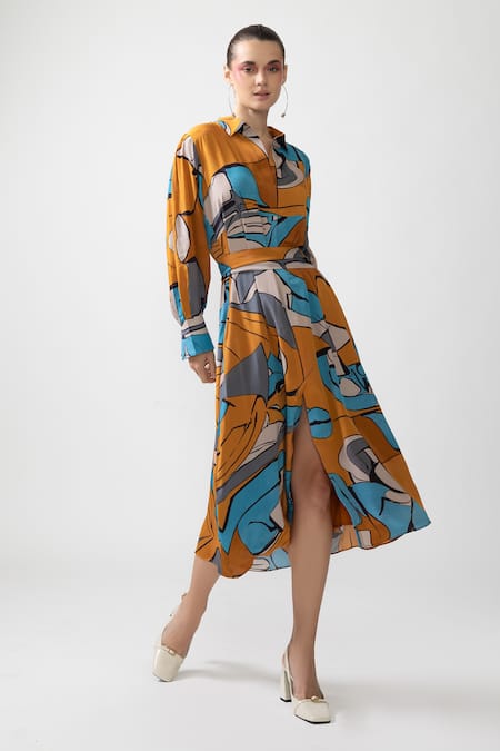 Buy_Nautanky_Yellow Chiffon, Neoprene Collared Illusion Optical Print Midi Dress _Online_at_Aza_Fashions