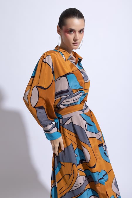 Shop_Nautanky_Yellow Chiffon, Neoprene Collared Illusion Optical Print Midi Dress _Online_at_Aza_Fashions