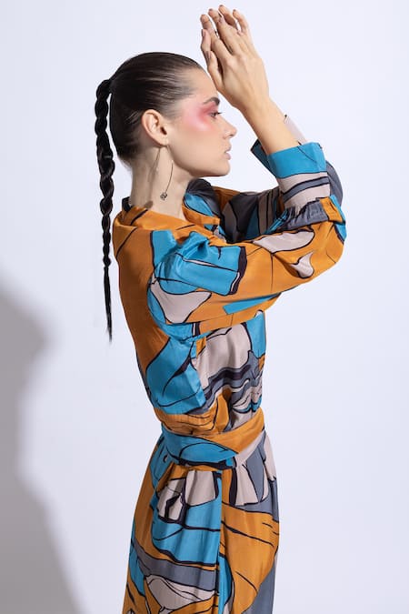 Nautanky_Yellow Chiffon, Neoprene Collared Illusion Optical Print Midi Dress _at_Aza_Fashions