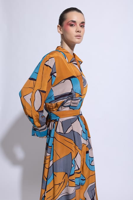 Buy_Nautanky_Yellow Chiffon, Neoprene Collared Illusion Optical Print Midi Dress 