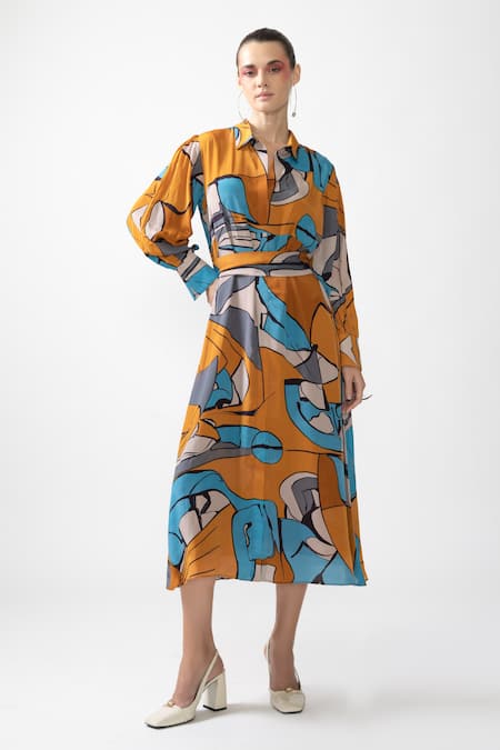 Nautanky Yellow Neoprin Printed Abstract Collar Illusion Optical Midi Dress 