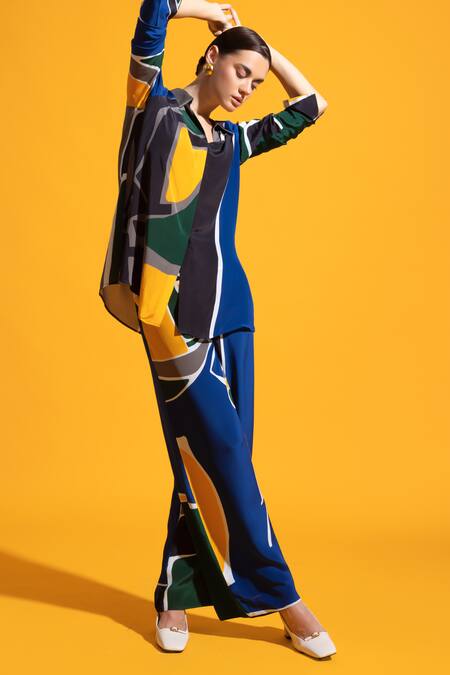 Nautanky_Multi Color Chiffon, Neoprene Collared Zenith Abstract Print Shirt With Pant _Online_at_Aza_Fashions