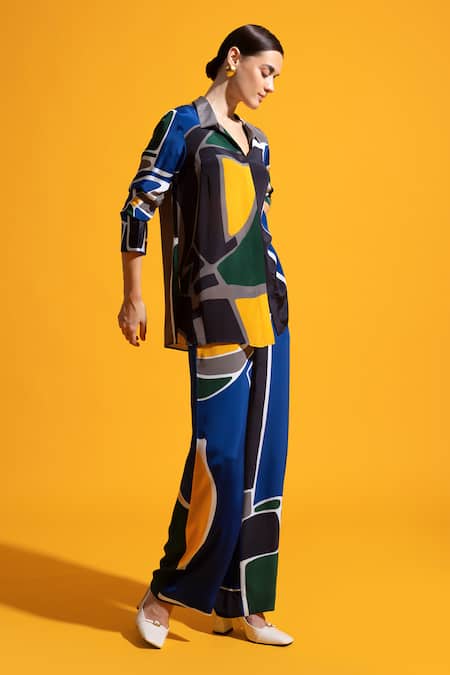Shop_Nautanky_Multi Color Chiffon, Neoprene Collared Zenith Abstract Print Shirt With Pant _Online_at_Aza_Fashions
