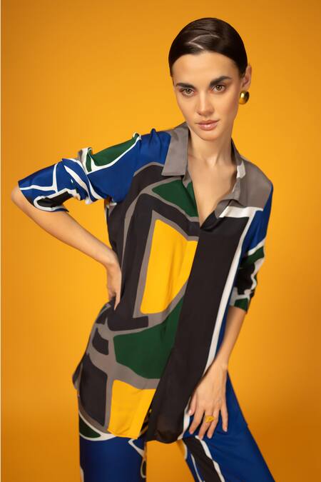 Nautanky_Multi Color Chiffon, Neoprene Collared Zenith Abstract Print Shirt With Pant _at_Aza_Fashions