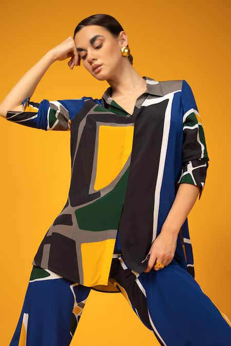 Buy_Nautanky_Multi Color Chiffon, Neoprene Collared Zenith Abstract Print Shirt With Pant 