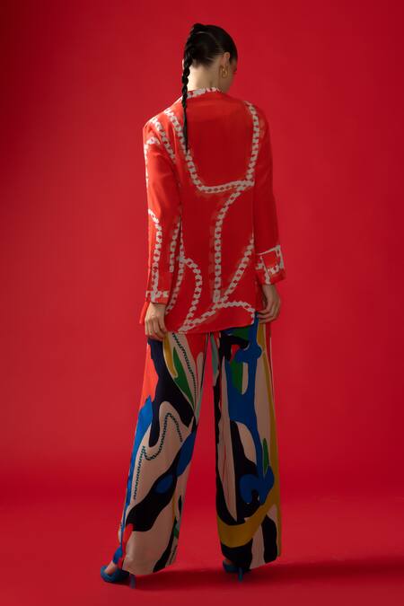 Shop Nautanky Red Chiffon, Neoprene Collared Twilight Abstract Print Shirt With Pant at Aza Fashions Shop_Nautanky_Red Chiffon, Neoprene Collared Twilight Abstract Print Shirt With Pant _at_Aza_Fashions